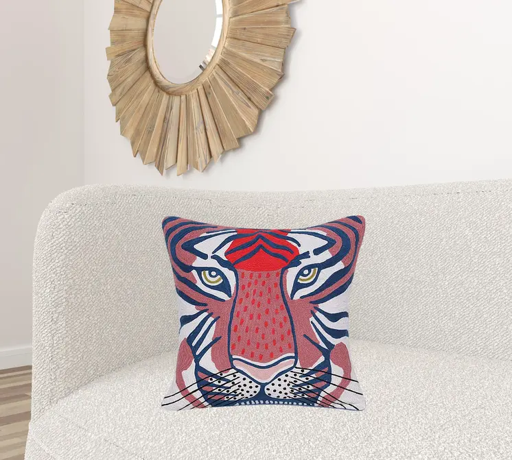 20" Blue and Red Cheetah Throw Pillow with Embroidery