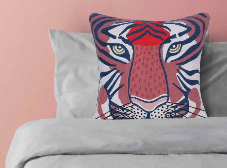 20" Blue and Red Cheetah Throw Pillow with Embroidery