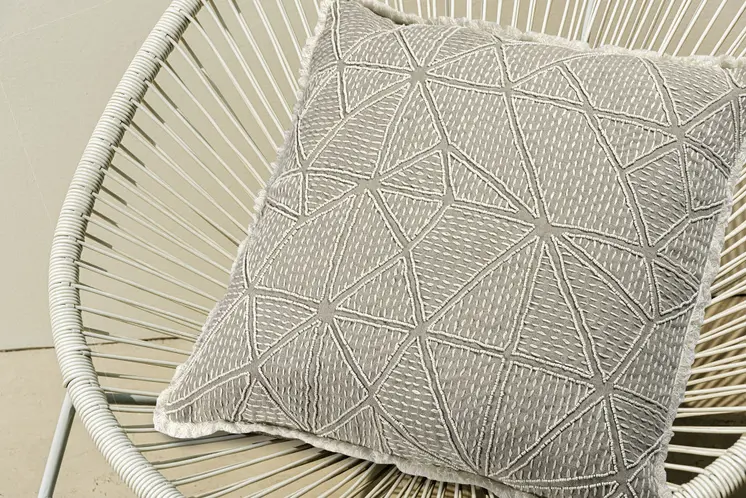 20" Beige and Ivory Throw Pillow with Embroidery and Fringe