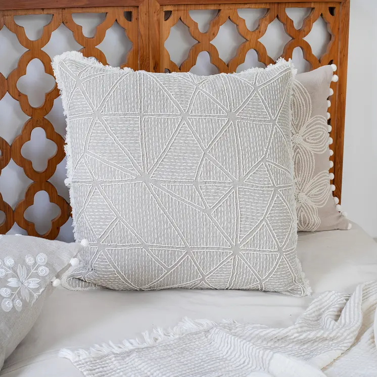 20" Beige and Ivory Throw Pillow with Embroidery and Fringe