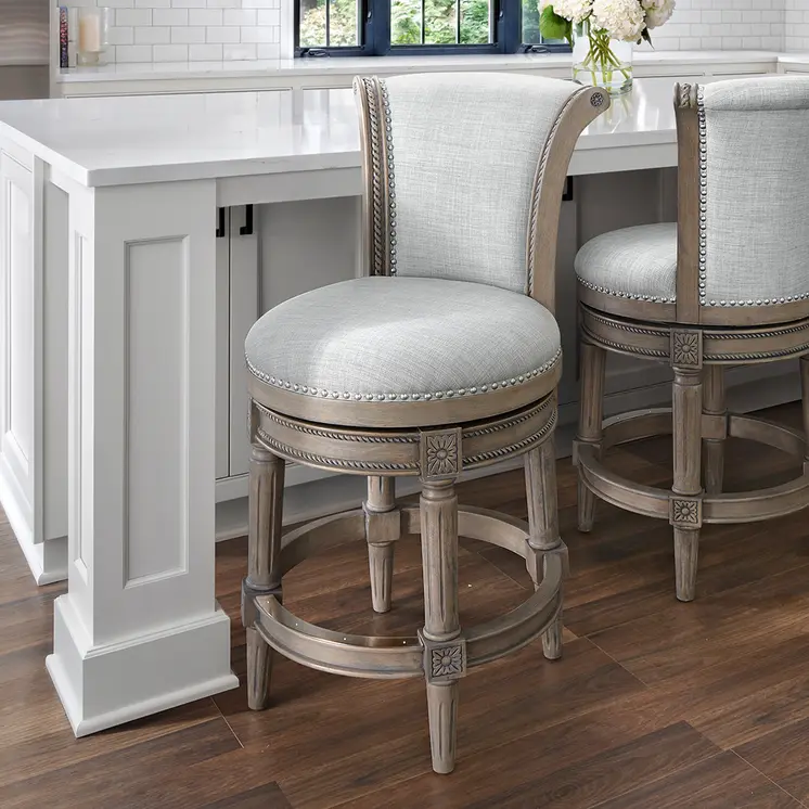 25" Gray Solid Wood and Fabric Counter Height Swivel Bar Chair