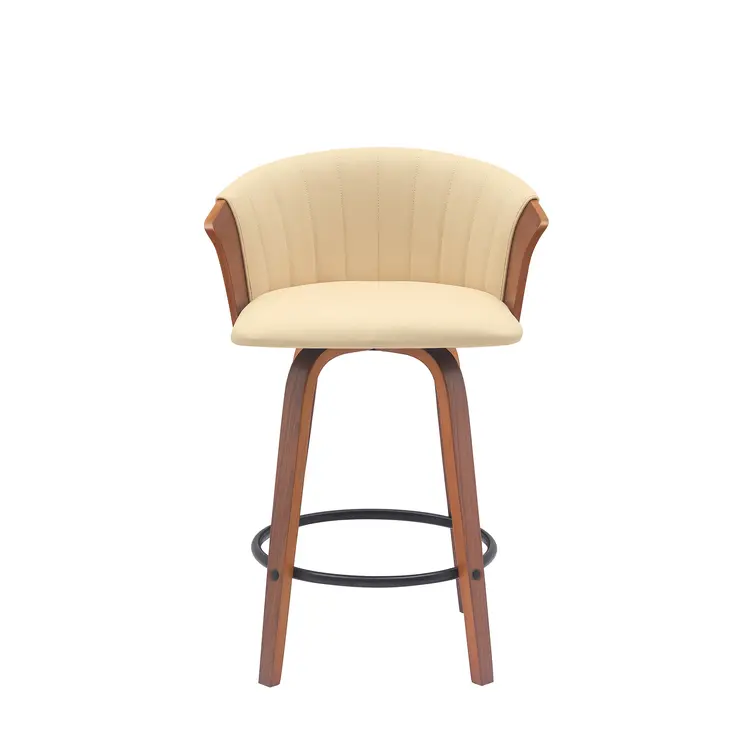 26" Cream and Wood Brown Faux Leather with Solid Wood Swivel Counter Height Bar Chair