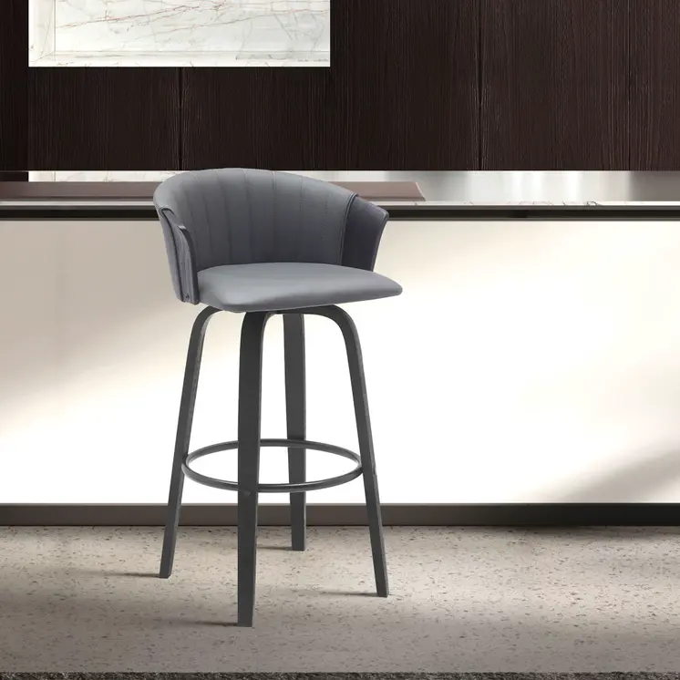26" Gray and Black Faux Leather Counter Height Swivel Bar Chair