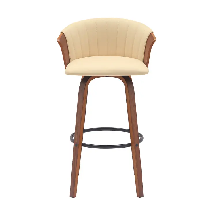 30" Cream And Wood Brown Faux Leather Swivel Bar Height Bar Chair