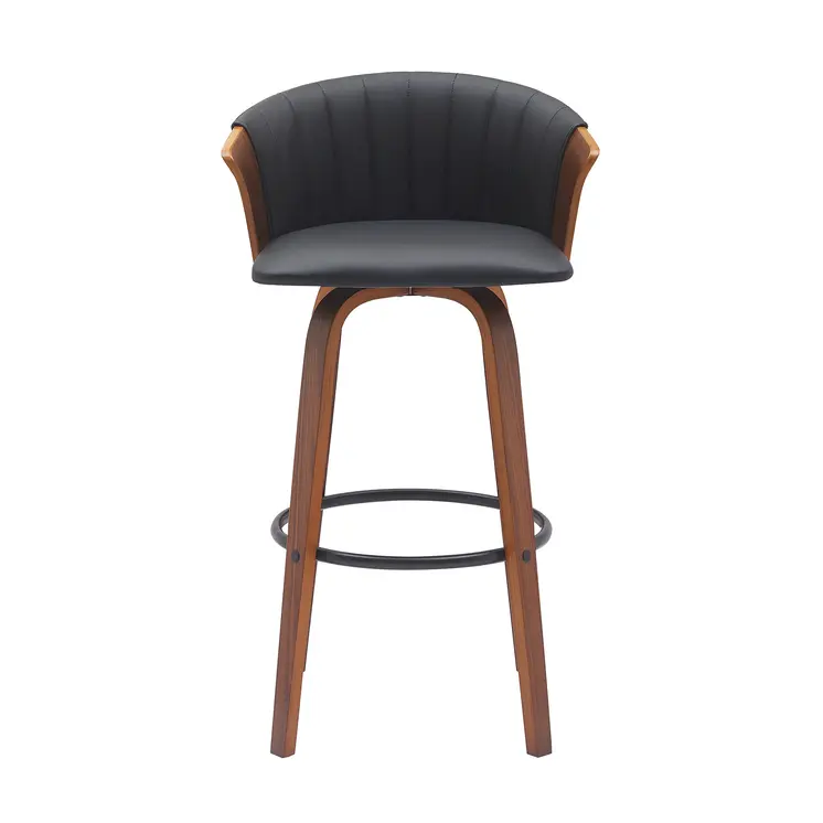 30" Black And Wood Brown Faux Leather Swivel Bar Height Bar Chair