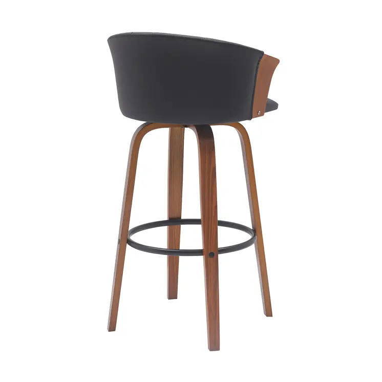 30" Black And Wood Brown Faux Leather Swivel Bar Height Bar Chair