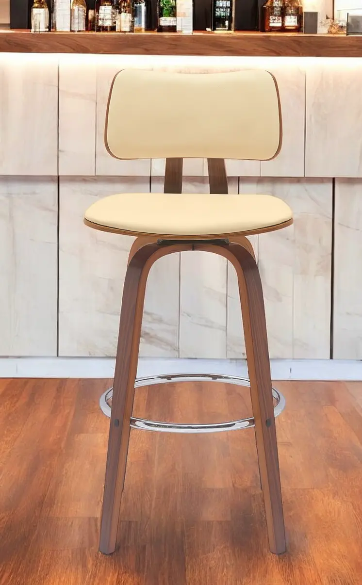 30" Cream And Wood Brown Faux Leather Swivel Low Back Bar Height Bar Chair
