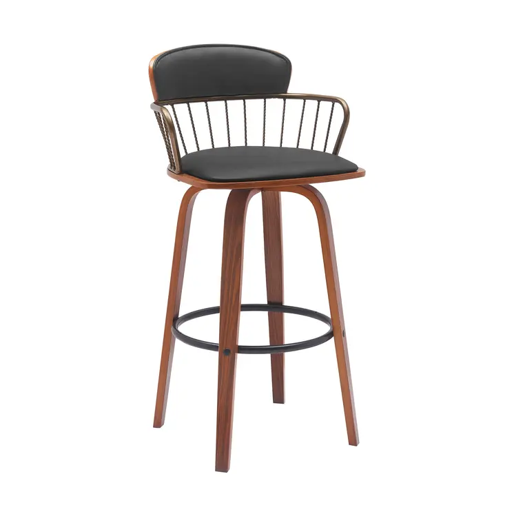 30" Black And Wood Brown Faux Leather Swivel Low Back Bar Height Bar Chair