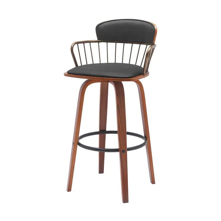 30" Black And Wood Brown Faux Leather Swivel Low Back Bar Height Bar Chair