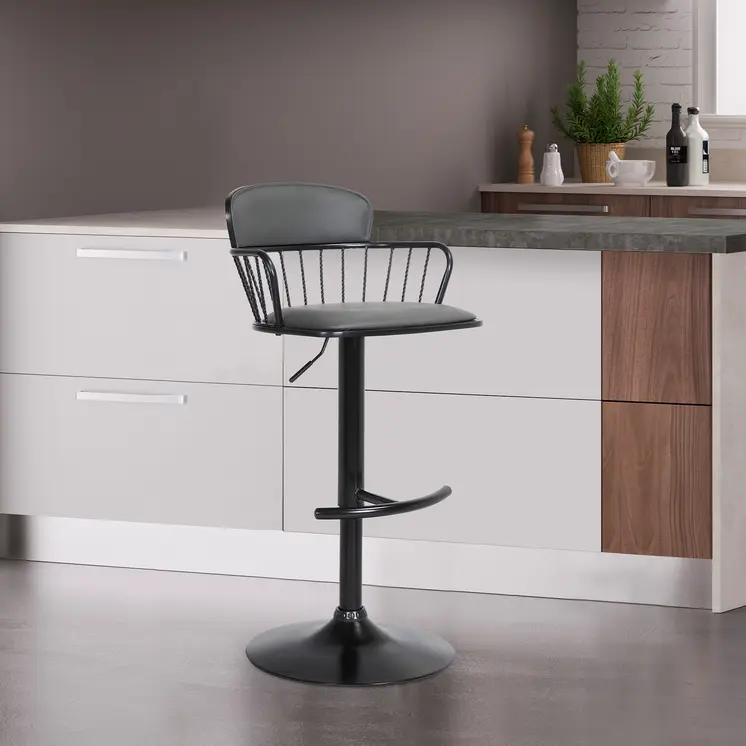 Gray and Black Faux Leather with Metal Swivel Low Back Adjustable Height Bar Chair