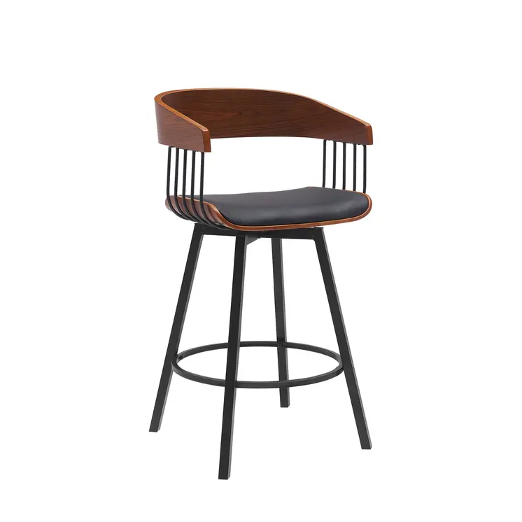 27" Black Faux Leather And Metal Swivel Low Back Counter Height Bar Chair