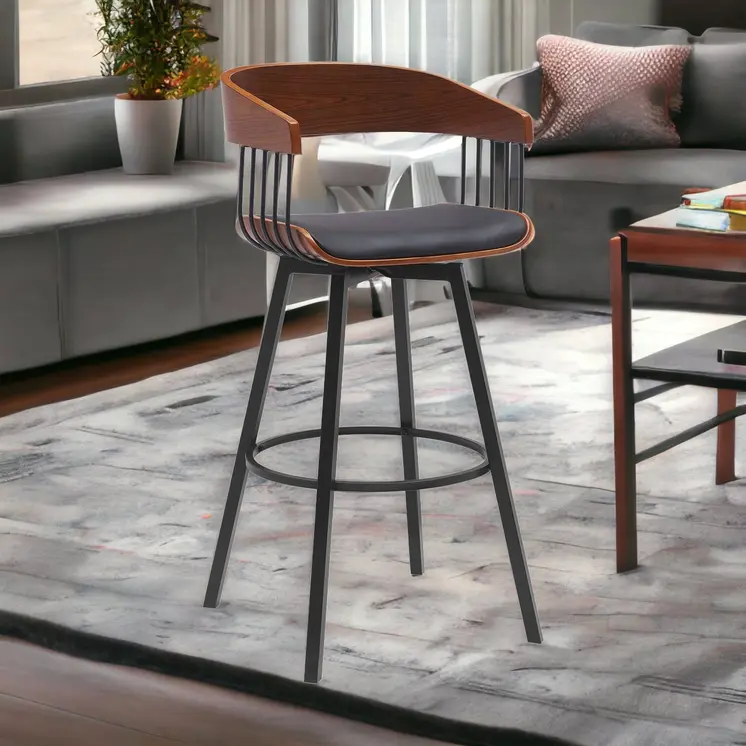 31" Black Faux Leather And Metal Swivel Bar Height Bar Chair
