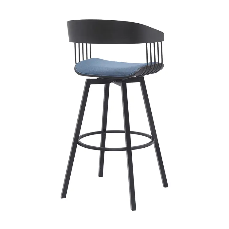 31" Blue and Black Fabric with Metal Swivel Bar Height Bar Chair