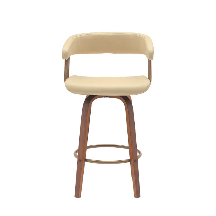 26" Cream And Wood Brown Faux Leather Swivel Counter Height Bar Chair