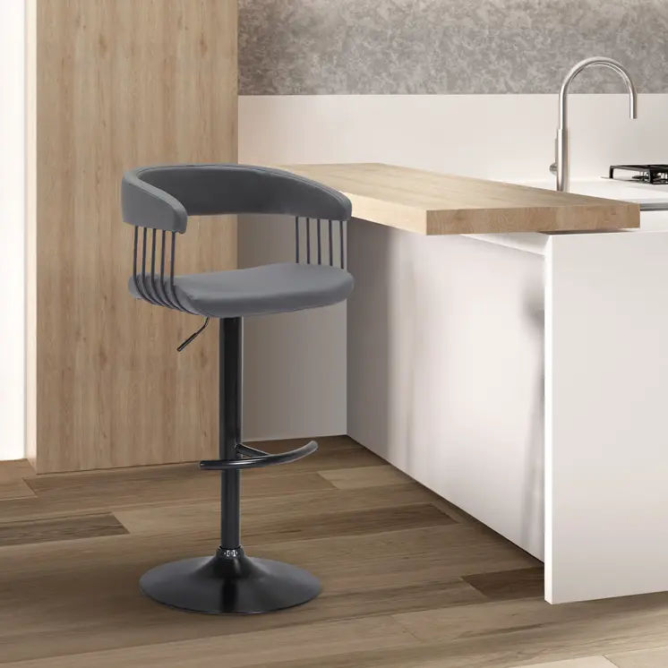 Gray and Black Faux Leather with Metal Swivel Adjustable Height Bar Chair