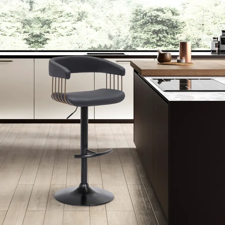 Black Faux Leather And Metal Swivel Adjustable Height Bar Chair