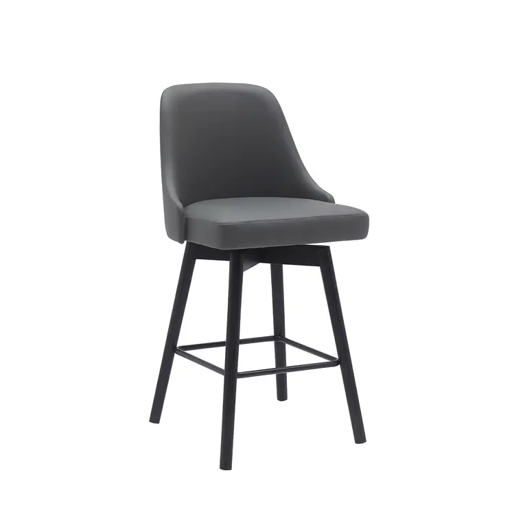26" Gray and Black Faux Leather with Solid Wood Swivel Counter Height Bar Chair