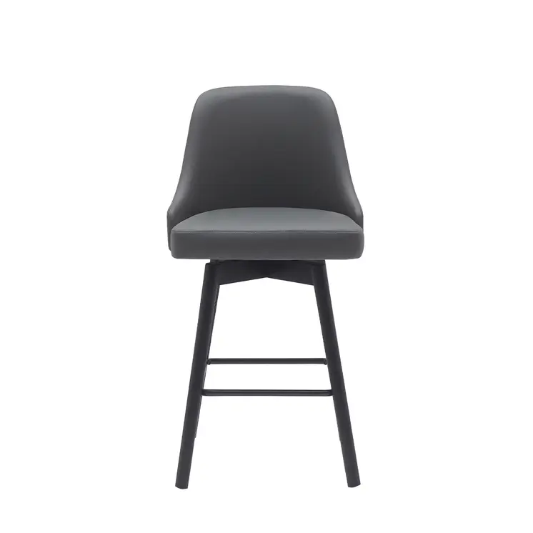26" Gray and Black Faux Leather with Solid Wood Swivel Counter Height Bar Chair
