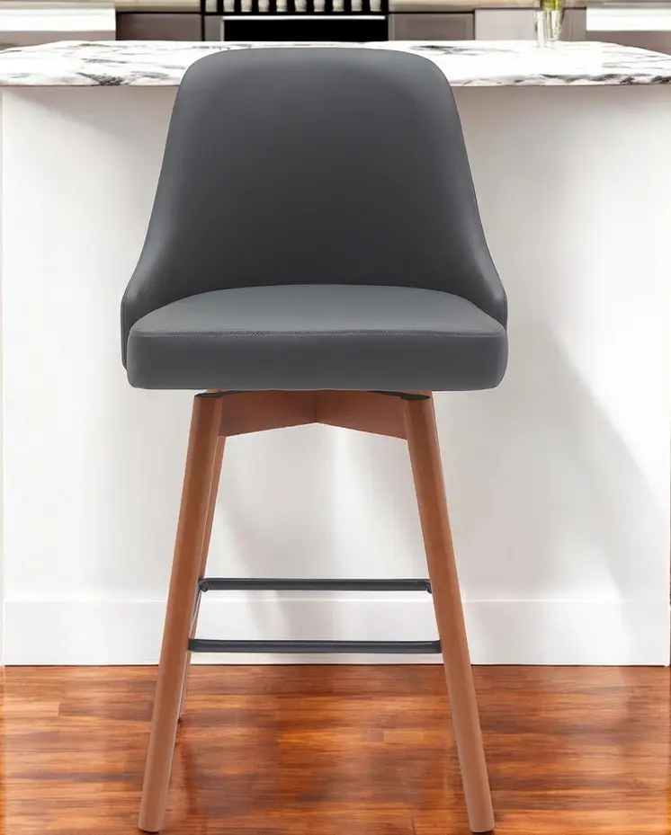 26" Gray and Wood Brown Faux Leather with Solid Wood Swivel Counter Height Bar Chair