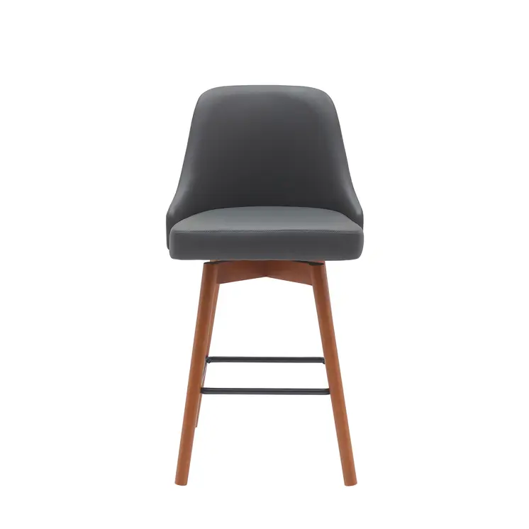 26" Gray and Wood Brown Faux Leather with Solid Wood Swivel Counter Height Bar Chair