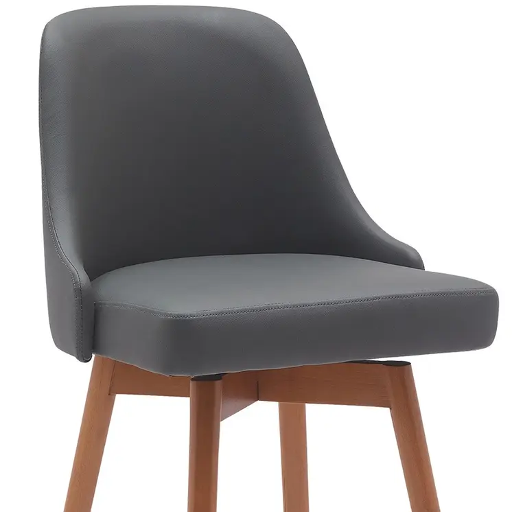 30" Gray and Wood Brown Faux Leather with Solid Wood Swivel Bar Height Bar Chair