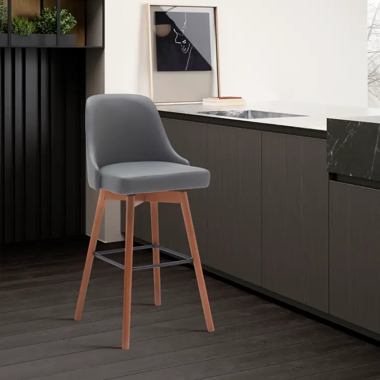 30" Gray and Wood Brown Faux Leather with Solid Wood Swivel Bar Height Bar Chair