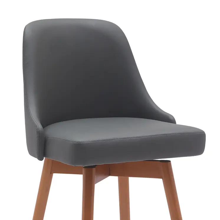 30" Gray and Wood Brown Faux Leather with Solid Wood Swivel Bar Height Bar Chair