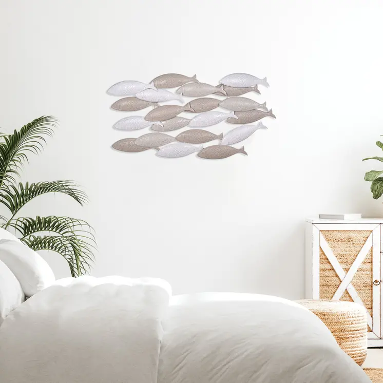 21" X 36" Gray And Beige Metal School of Fish Wall Decor