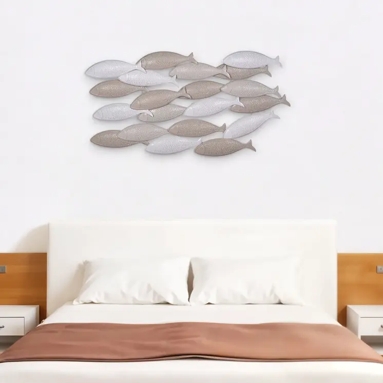 21" X 36" Gray And Beige Metal School of Fish Wall Decor