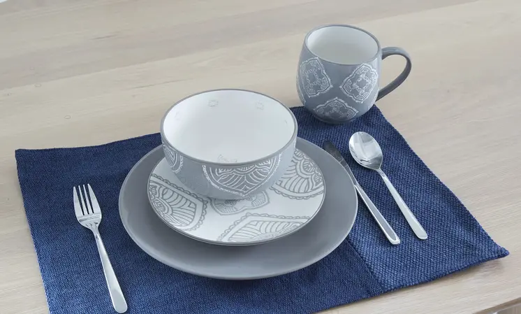 Gray and Ivory Sixteen Piece Round Geometric Ceramic Service For Four Dinnerware Set