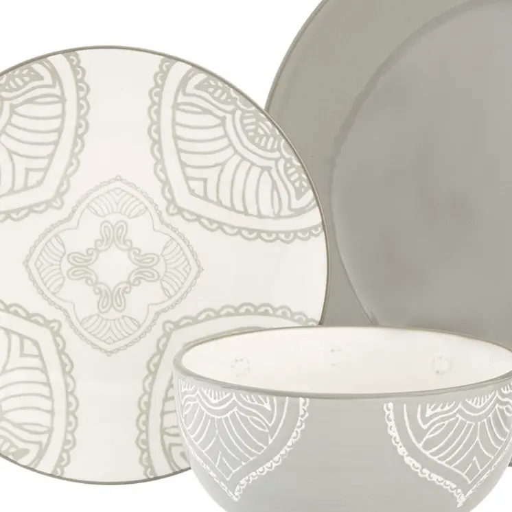 Gray and Ivory Sixteen Piece Round Geometric Ceramic Service For Four Dinnerware Set