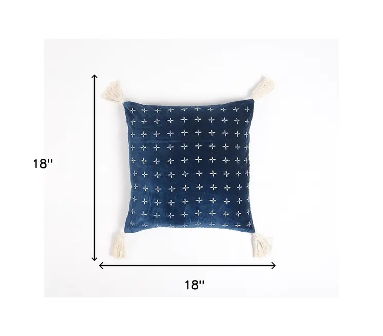 18" X 18" Blue and White Geometric Cotton Pillow Cover With Embroidery and Tassels
