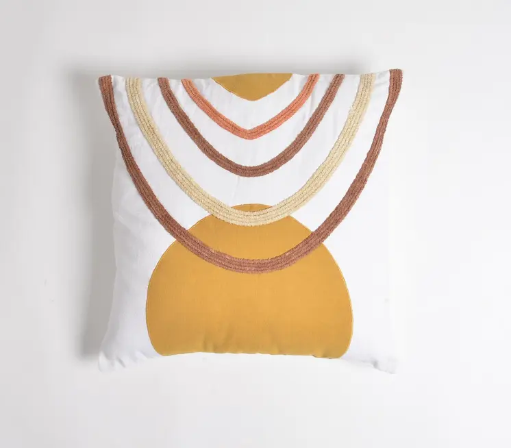 18" X 18" White and Gold Boho Cotton Pillow Cover With Embroidery
