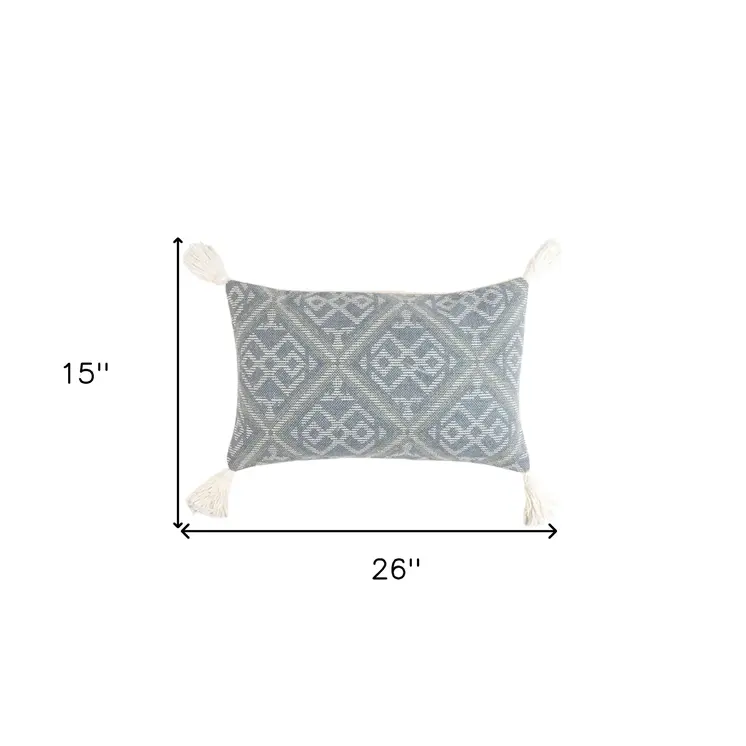 15" x 26"  Blue and White Geometric Cotton Pillow Cover With Tassels