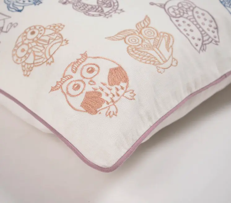 18" Pink and White Owl Cotton Throw Pillow Cover With Embroidery