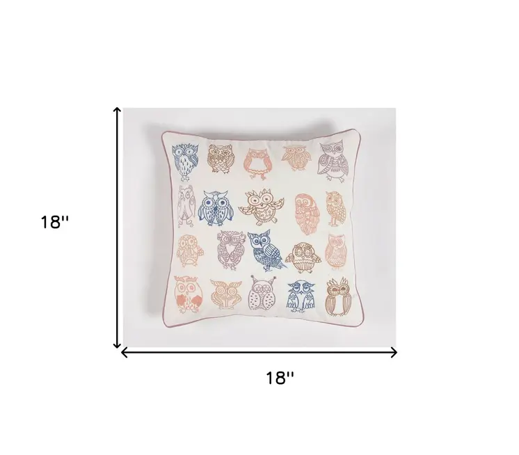 18" Pink and White Owl Cotton Throw Pillow Cover With Embroidery