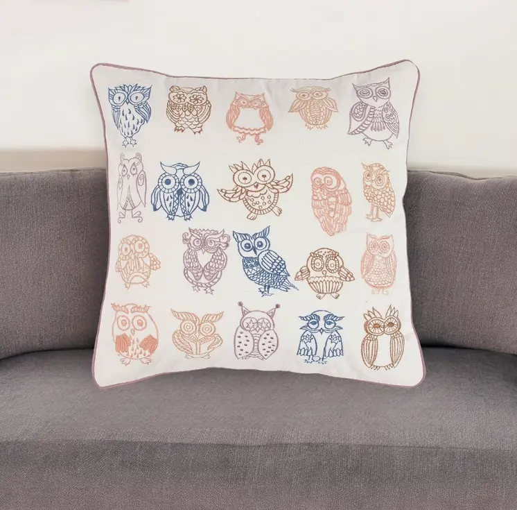 18" Pink and White Owl Cotton Throw Pillow Cover With Embroidery