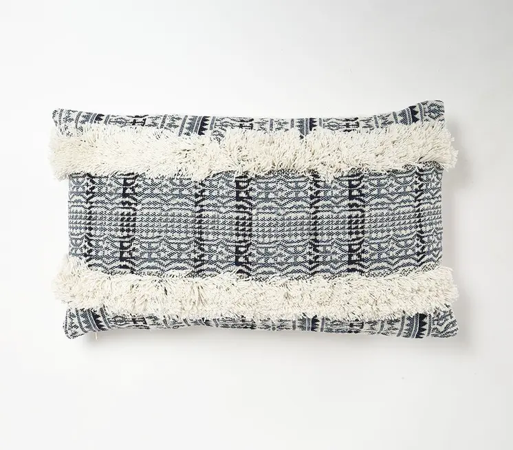 12" X 20" Blue and White Striped Cotton Throw Pillow Cover With Fringe