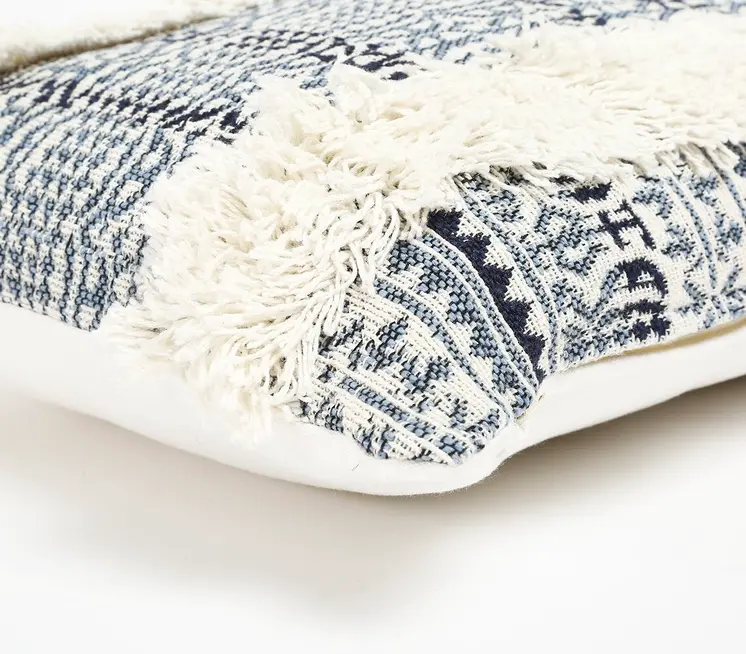 12" X 20" Blue and White Striped Cotton Throw Pillow Cover With Fringe