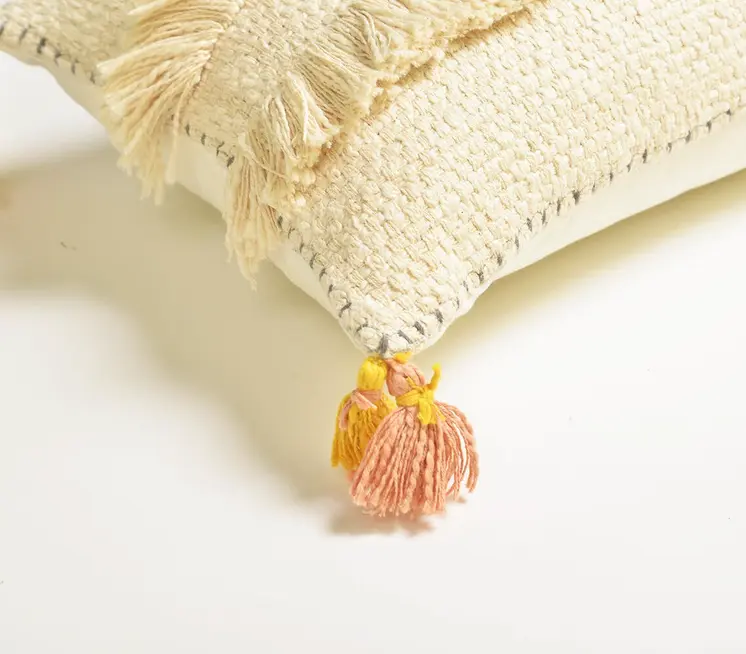 12" X 20" Ivory and White Striped Cotton Throw Pillow Cover With Fringe, Tassels