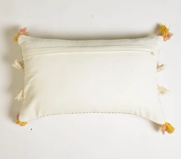12" X 20" Ivory and White Striped Cotton Throw Pillow Cover With Fringe, Tassels