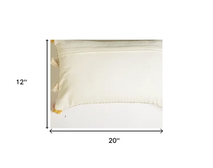 12" X 20" Ivory and White Striped Cotton Throw Pillow Cover With Fringe, Tassels