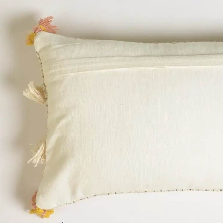 12" X 20" Ivory and White Striped Cotton Throw Pillow Cover With Fringe, Tassels