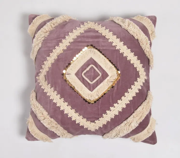 18" Purple and Ivory Geometric Cotton Throw Pillow Cover With Lace
