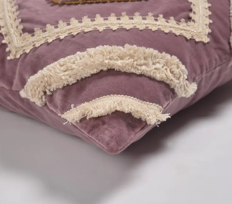 18" Purple and Ivory Geometric Cotton Throw Pillow Cover With Lace