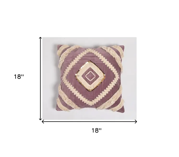 18" Purple and Ivory Geometric Cotton Throw Pillow Cover With Lace
