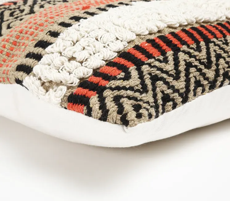 18" White and Natural Striped Cotton Throw Pillow Cover With Tufts