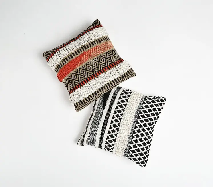 18" White and Natural Striped Cotton Throw Pillow Cover With Tufts