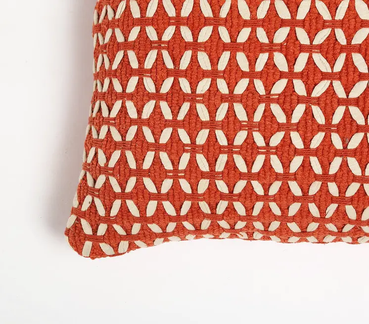 18" Red and White Geometric Cotton Blend Throw Pillow Cover