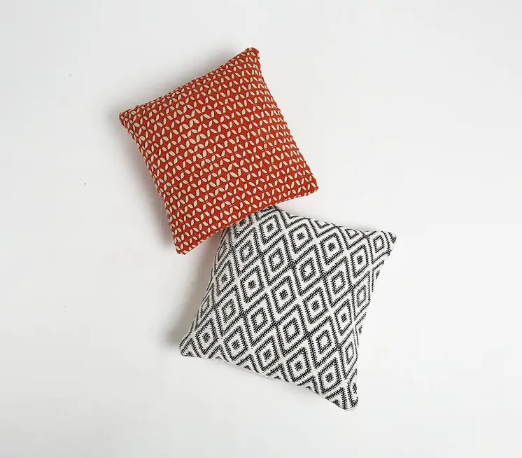 18" Red and White Geometric Cotton Blend Throw Pillow Cover
